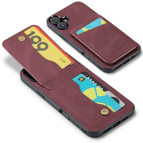 For iPhone 16 Plus Fierre Shann Crazy Horse Card Holder Back Cover PU Phone Case(Wine Red)