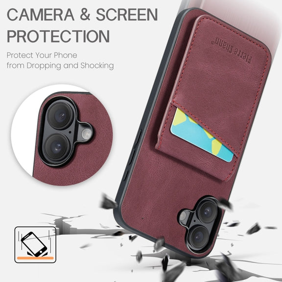 For iPhone 16 Plus Fierre Shann Crazy Horse Card Holder Back Cover PU Phone Case(Wine Red)