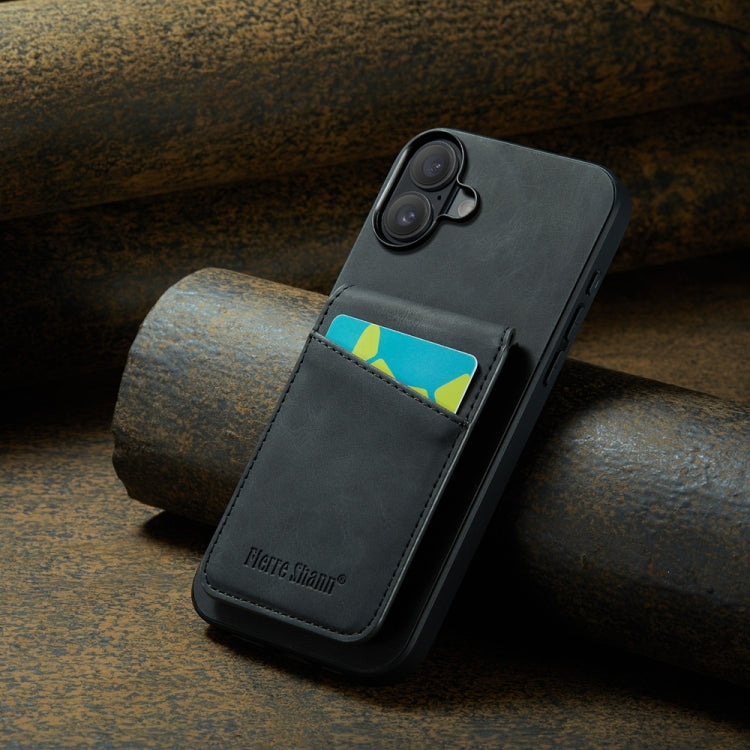 For iPhone 16 Plus Fierre Shann Crazy Horse Card Holder Back Cover PU Phone Case(Black)