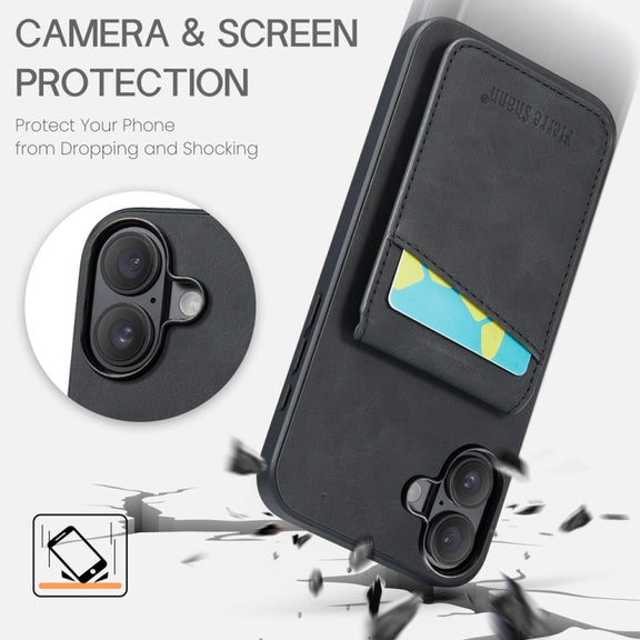 For iPhone 16 Plus Fierre Shann Crazy Horse Card Holder Back Cover PU Phone Case(Black)