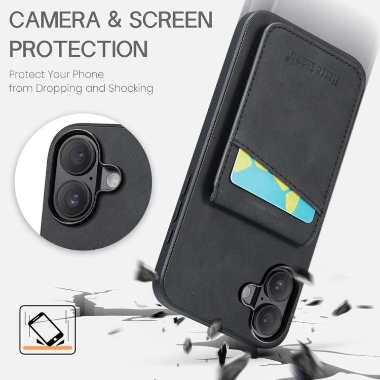 For iPhone 16 Plus Fierre Shann Crazy Horse Card Holder Back Cover PU Phone Case(Black)