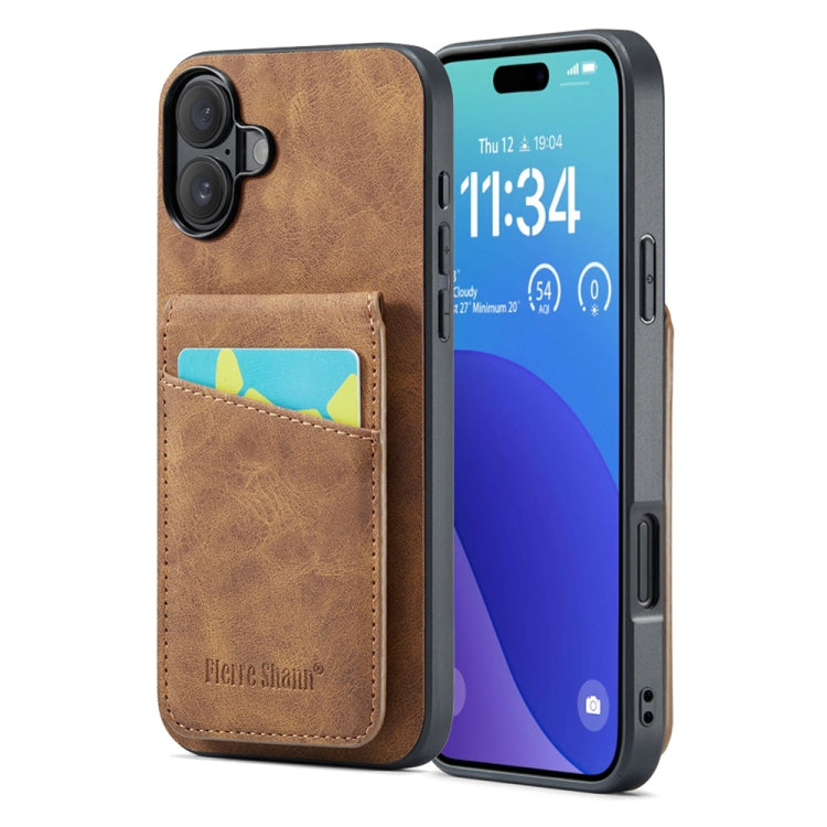 For iPhone 16 Plus Fierre Shann Crazy Horse Card Holder Back Cover PU Phone Case(Brown)