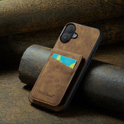 For iPhone 16 Plus Fierre Shann Crazy Horse Card Holder Back Cover PU Phone Case(Brown)