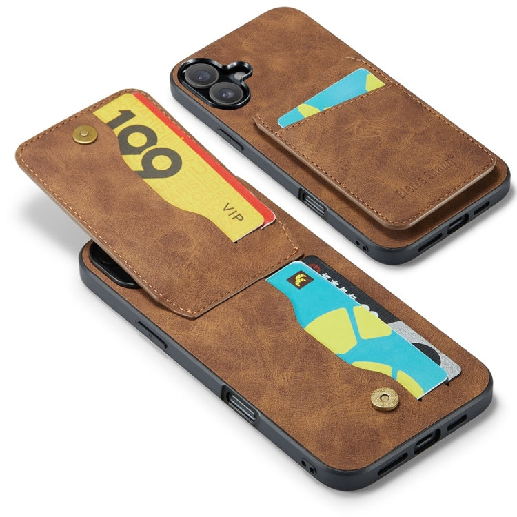 For iPhone 16 Plus Fierre Shann Crazy Horse Card Holder Back Cover PU Phone Case(Brown)