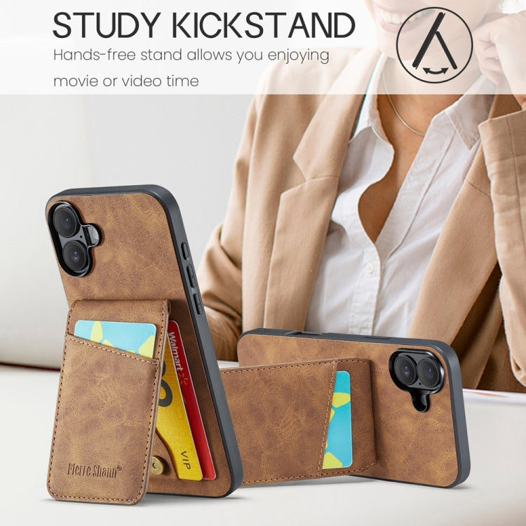 For iPhone 16 Plus Fierre Shann Crazy Horse Card Holder Back Cover PU Phone Case(Brown)