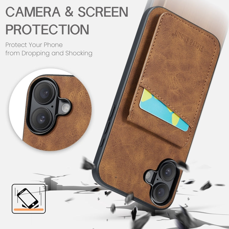 For iPhone 16 Plus Fierre Shann Crazy Horse Card Holder Back Cover PU Phone Case(Brown)