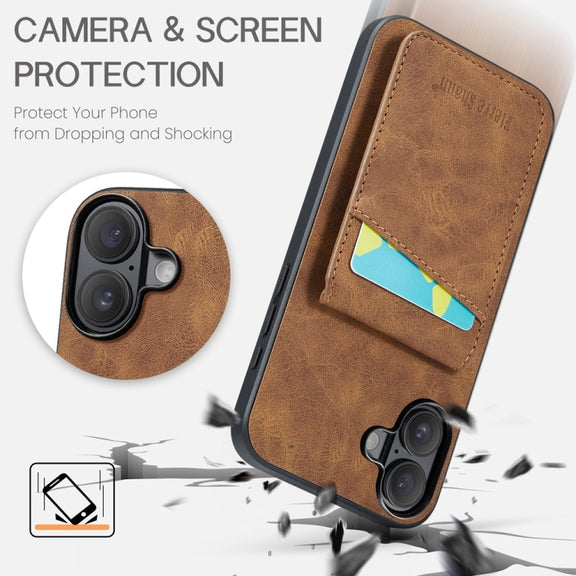 For iPhone 16 Plus Fierre Shann Crazy Horse Card Holder Back Cover PU Phone Case(Brown)