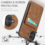 For iPhone 16 Fierre Shann Crazy Horse Card Holder Back Cover PU Phone Case(Brown)