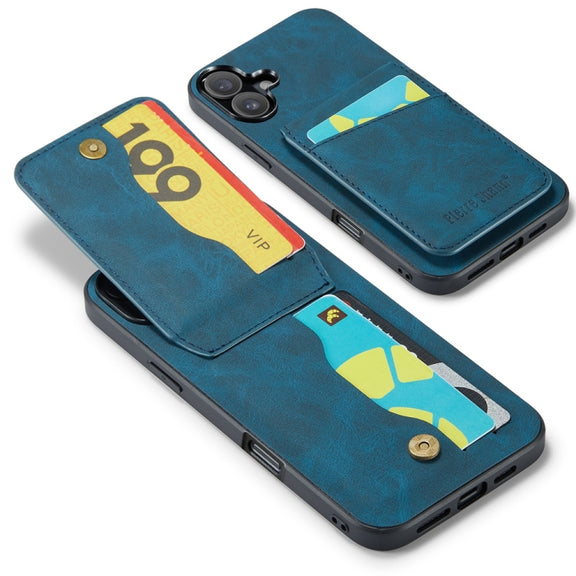 For iPhone 16 Fierre Shann Crazy Horse Card Holder Back Cover PU Phone Case(Blue)