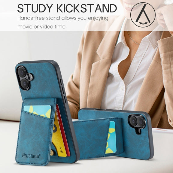 For iPhone 16 Fierre Shann Crazy Horse Card Holder Back Cover PU Phone Case(Blue)