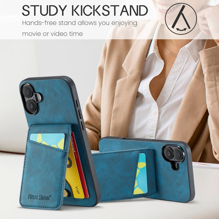 For iPhone 16 Fierre Shann Crazy Horse Card Holder Back Cover PU Phone Case(Blue)