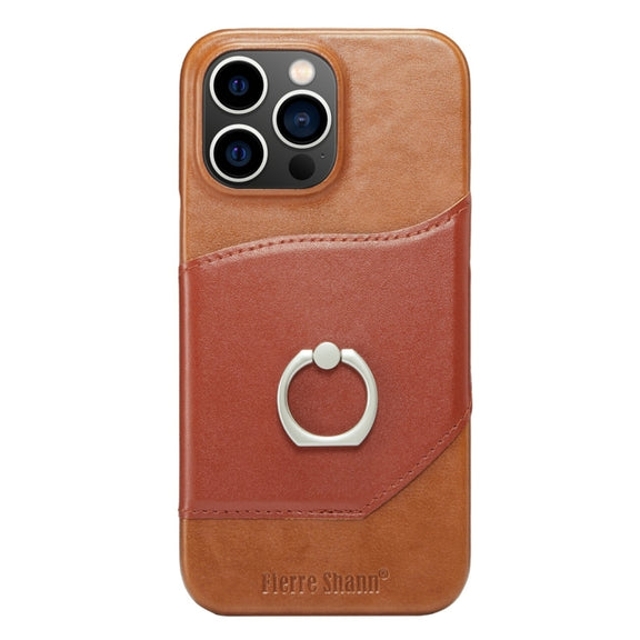For iPhone 15 Pro Max Fierre Shann Oil Wax Texture Genuine Leather Back Cover Phone Case(Brown)