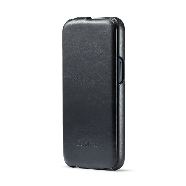 For iPhone 15 Fierre Shann Oil Wax Texture Vertical Flip PU Phone Case(Black)