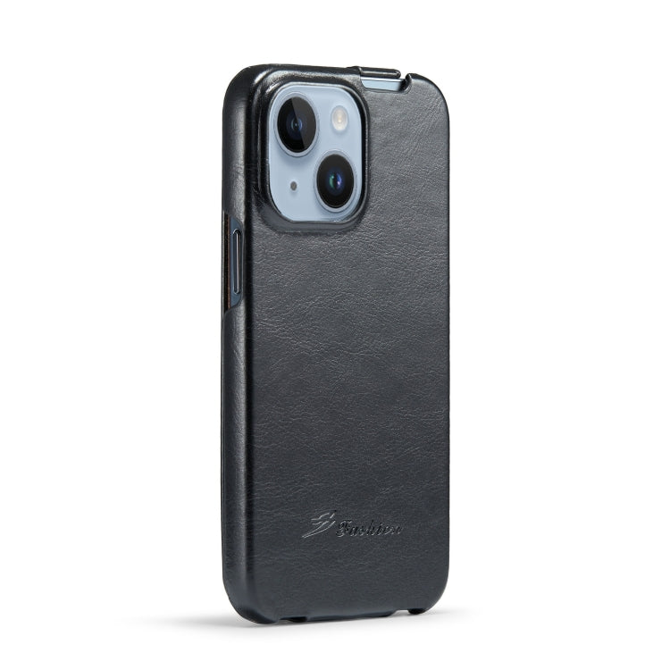 For iPhone 15 Fierre Shann Oil Wax Texture Vertical Flip PU Phone Case(Black)