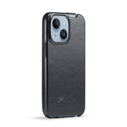For iPhone 15 Fierre Shann Oil Wax Texture Vertical Flip PU Phone Case(Black)