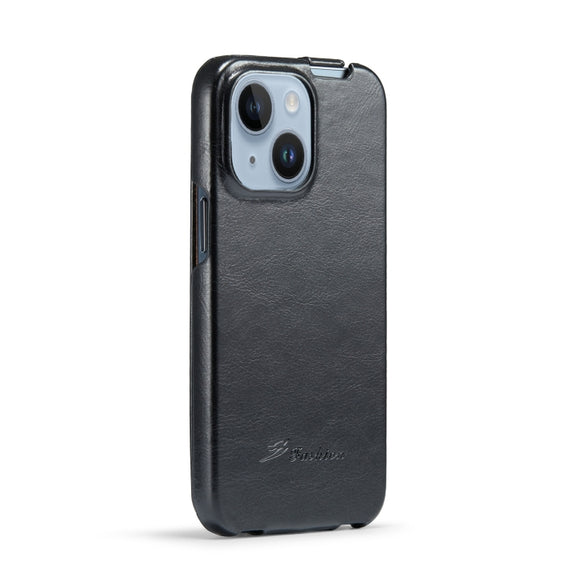 For iPhone 15 Fierre Shann Oil Wax Texture Vertical Flip PU Phone Case(Black)