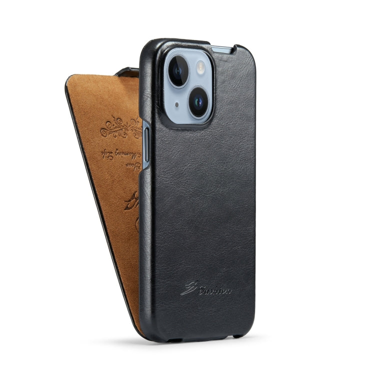 For iPhone 15 Fierre Shann Oil Wax Texture Vertical Flip PU Phone Case(Black)