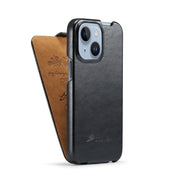 For iPhone 15 Fierre Shann Oil Wax Texture Vertical Flip PU Phone Case(Black)
