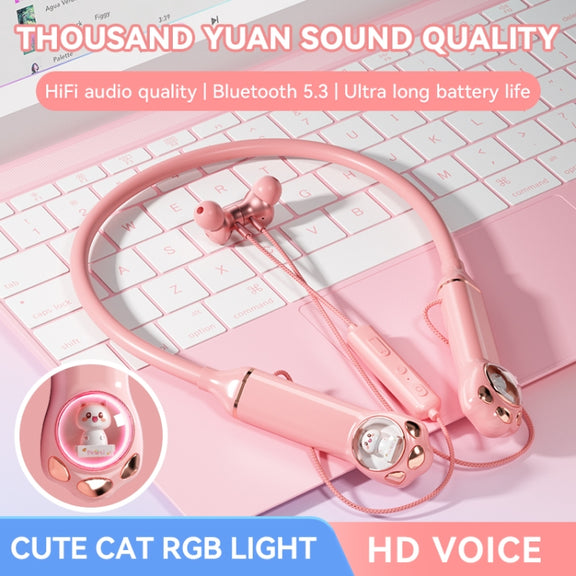 K1692 Meow Planet Neck-mounted Noise Reduction Sports Bluetooth Earphones(Pink)