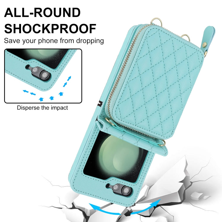 For Samsung Galaxy Z Flip5 Rhombic Texture Card Bag Phone Case with Dual Lanyard(Green)