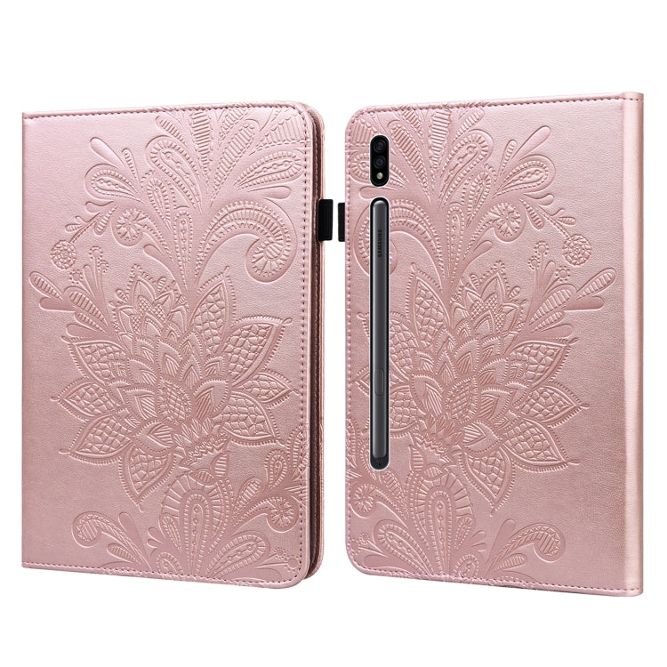 For Samsung Galaxy Tab S9 Lace Flower Embossing Pattern Leather Tablet Case(Gold)