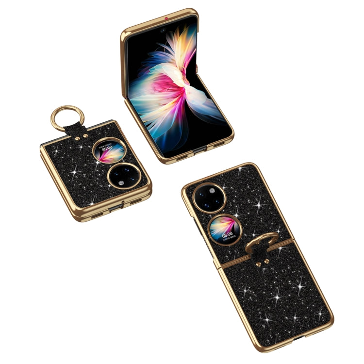 For Huawei P50 Pocket Plating Gradient Color Glitter Phone Case With Ring Holder(Black)