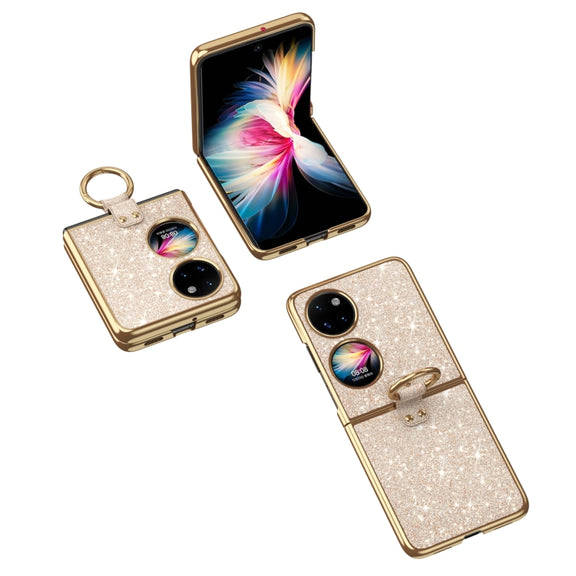 For Huawei P50 Pocket Plating Gradient Color Glitter Phone Case With Ring Holder(Gold)