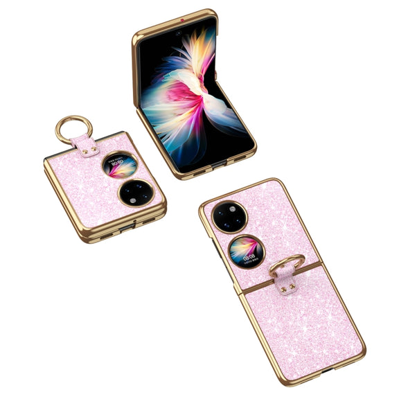 For Huawei P50 Pocket Plating Gradient Color Glitter Phone Case With Ring Holder(Pink)