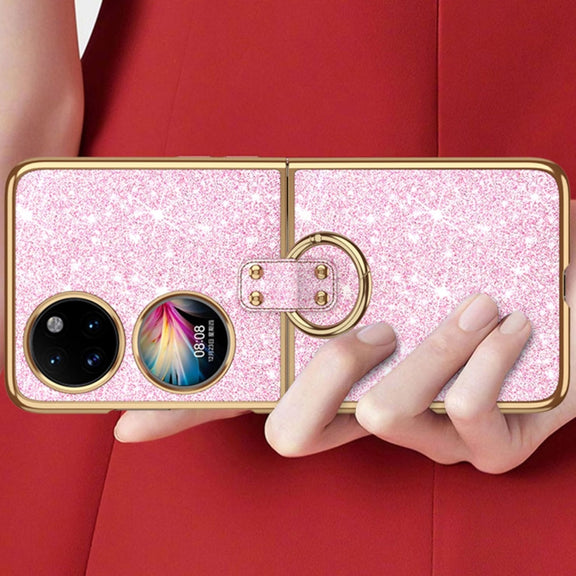 For Huawei P50 Pocket Plating Gradient Color Glitter Phone Case With Ring Holder(Silver)