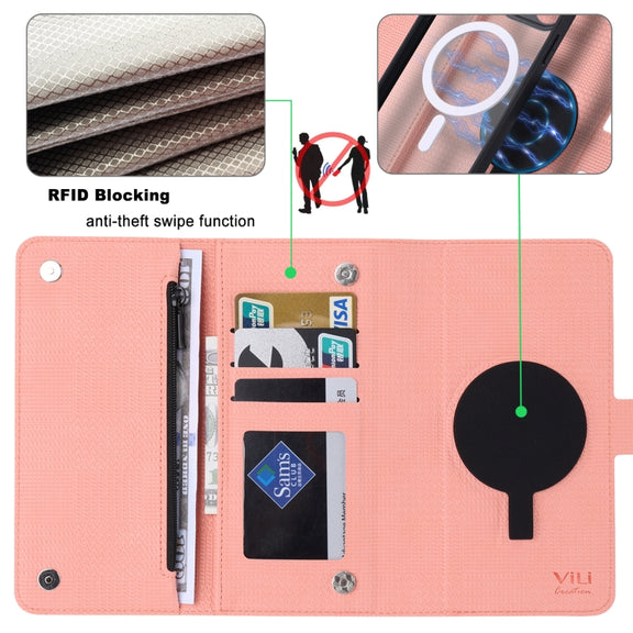 For iPhone 14 Plus ViLi GHB Series MagSafe Magnetic Zipper Leather Phone Case(Pink)