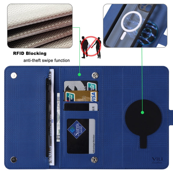 For iPhone 14 Plus ViLi GHB Series MagSafe Magnetic Zipper Leather Phone Case(Blue)