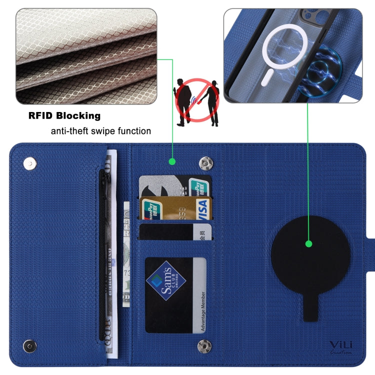For iPhone 14 Plus ViLi GHB Series MagSafe Magnetic Zipper Leather Phone Case(Blue)