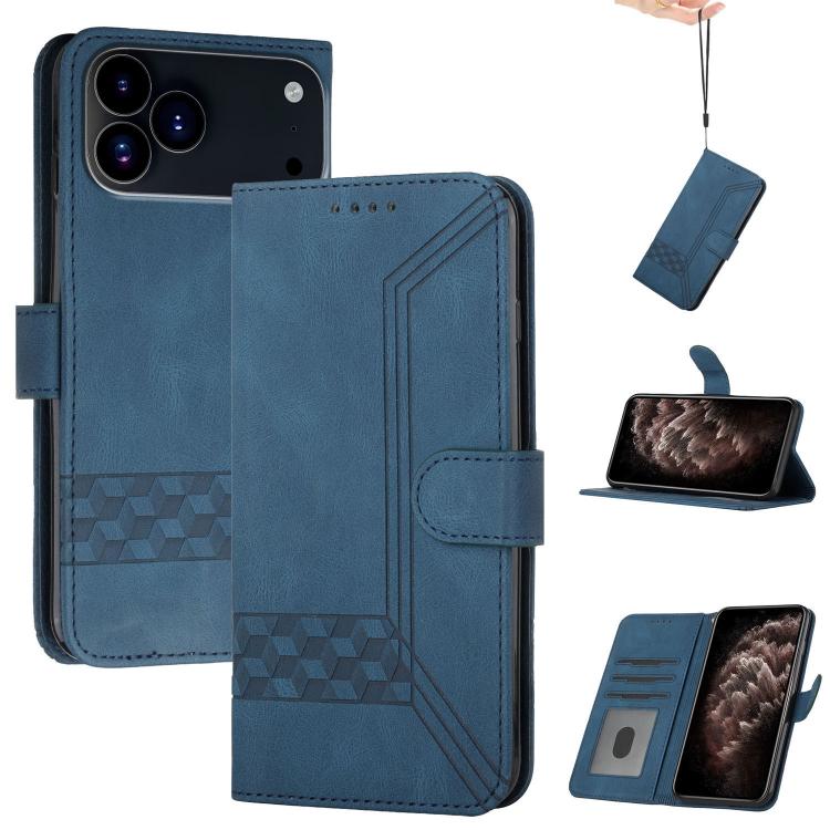 For iPhone 17 Pro Max Cubic Skin Feel Flip Leather Phone Case(Blue)
