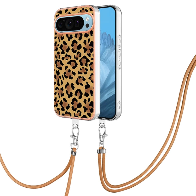 For Google Pixel 9 / 9 Pro Electroplating Dual-side IMD Phone Case with Lanyard(Leopard Print)
