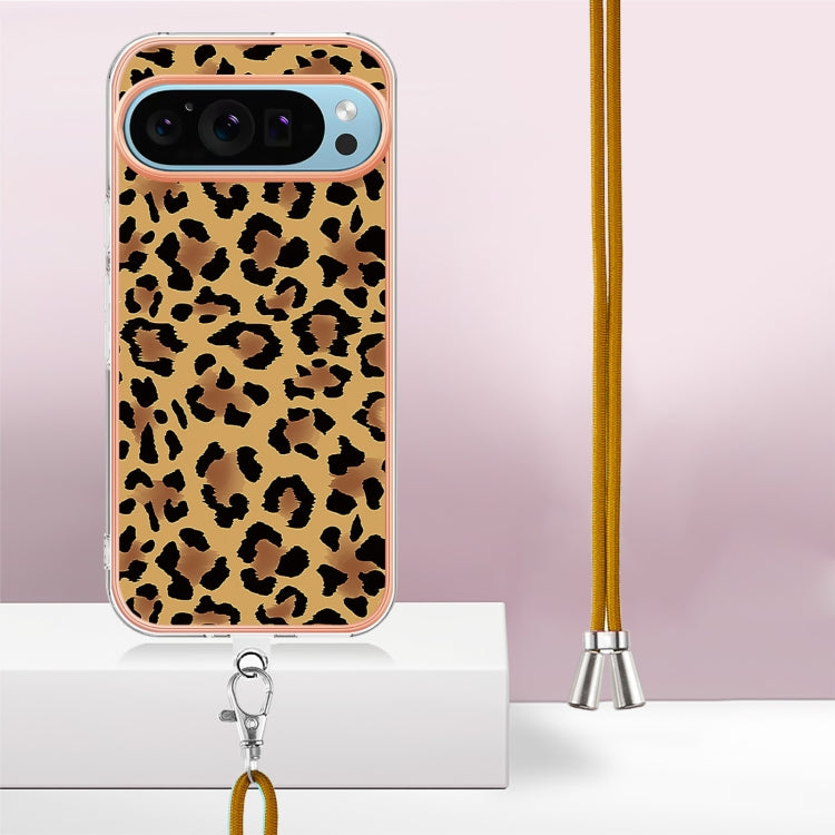 For Google Pixel 9 / 9 Pro Electroplating Dual-side IMD Phone Case with Lanyard(Leopard Print)