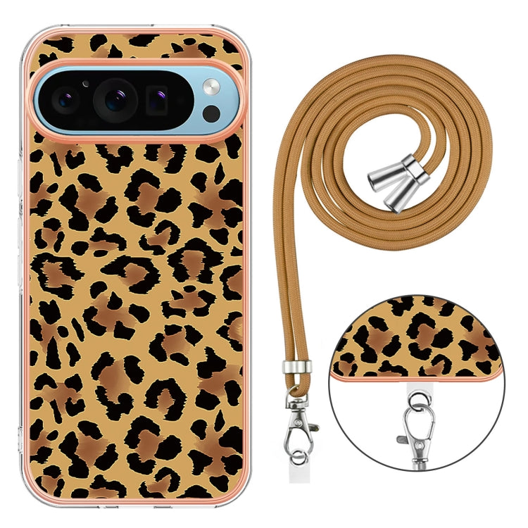 For Google Pixel 9 / 9 Pro Electroplating Dual-side IMD Phone Case with Lanyard(Leopard Print)