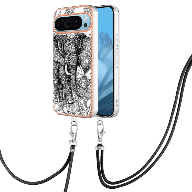 For Google Pixel 9 / 9 Pro Electroplating Dual-side IMD Phone Case with Lanyard(Totem Elephant)
