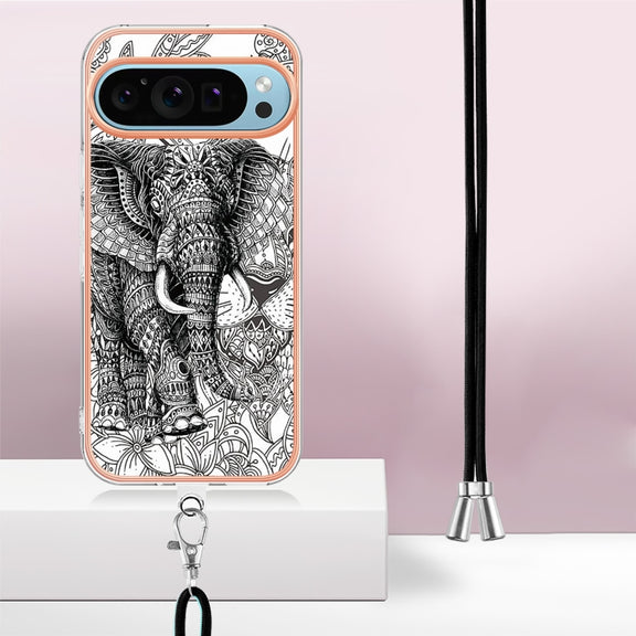 For Google Pixel 9 / 9 Pro Electroplating Dual-side IMD Phone Case with Lanyard(Totem Elephant)