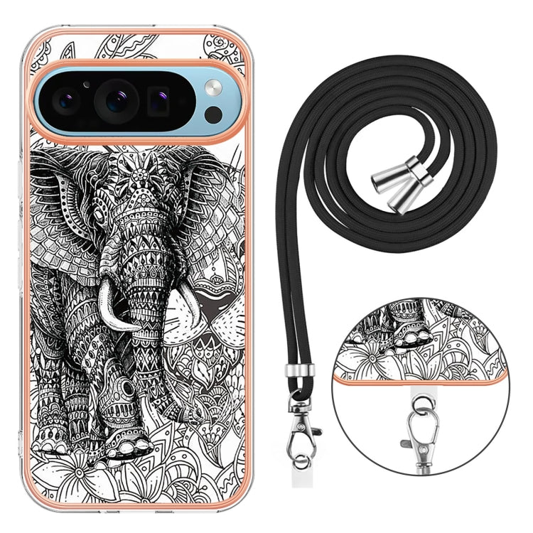 For Google Pixel 9 / 9 Pro Electroplating Dual-side IMD Phone Case with Lanyard(Totem Elephant)