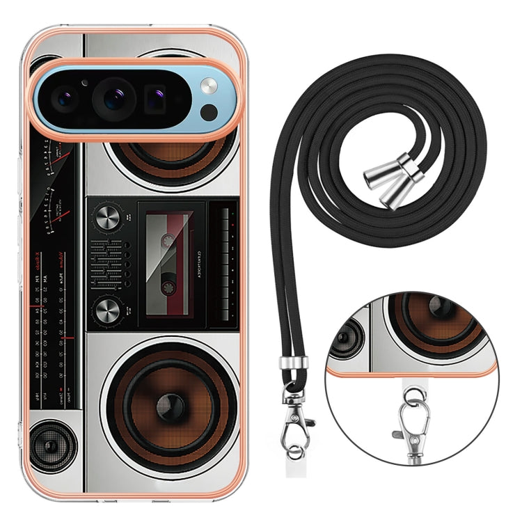 For Google Pixel 9 / 9 Pro Electroplating Dual-side IMD Phone Case with Lanyard(Retro Radio)