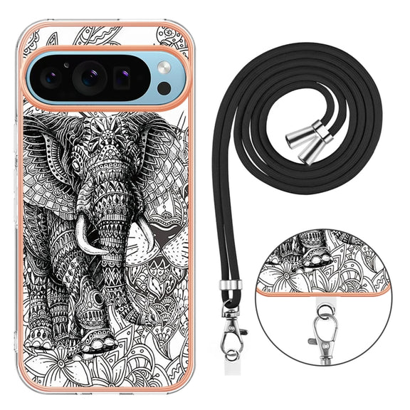 For Google Pixel 9 Pro XL Electroplating Dual-side IMD Phone Case with Lanyard(Totem Elephant)