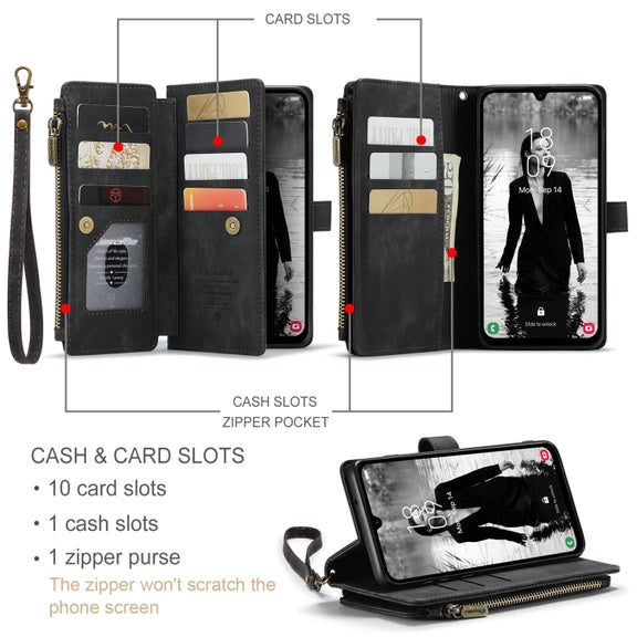 For Samsung Galaxy A15 CaseMe C30 Card Slots Zipper Wallet Leather Phone Case(Black)