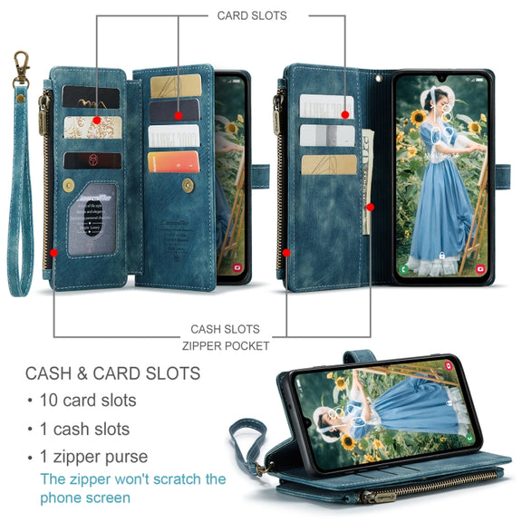 For Samsung Galaxy A15 CaseMe C30 Card Slots Zipper Wallet Leather Phone Case(Blue)