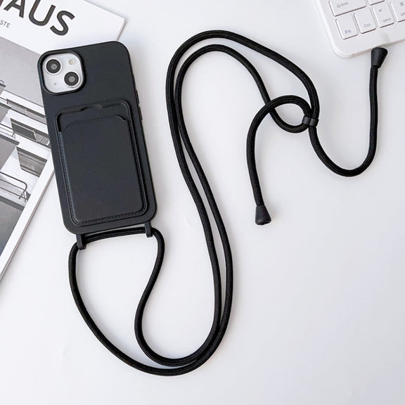 For iPhone 15 Crossbody Lanyard Elastic Silicone Card Holder Phone Case(Black)