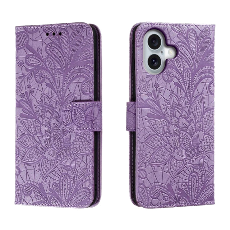 For iPhone 16 Lace Flower Embossing Flip Leather Phone Case(Purple)
