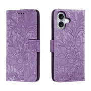 For iPhone 16 Lace Flower Embossing Flip Leather Phone Case(Purple)