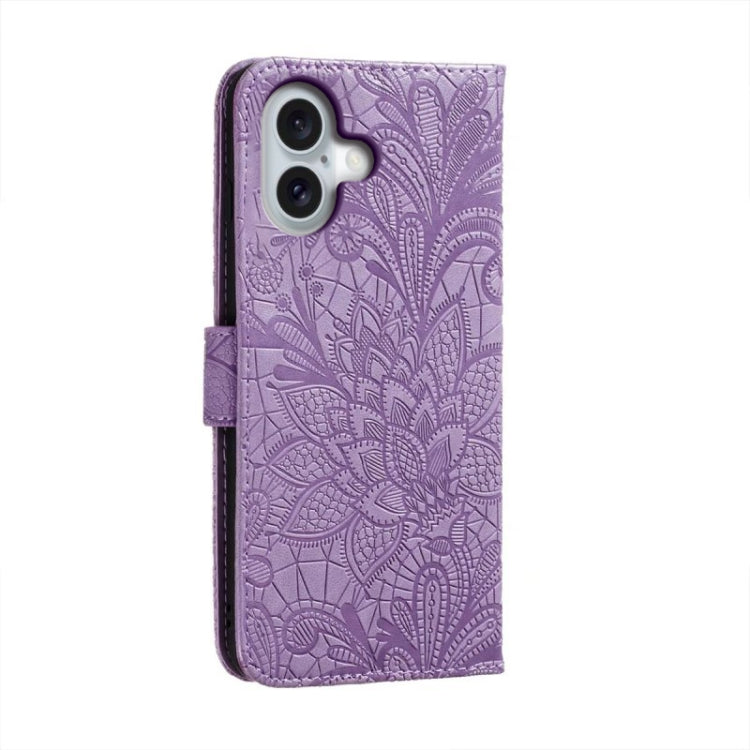 For iPhone 16 Lace Flower Embossing Flip Leather Phone Case(Purple)