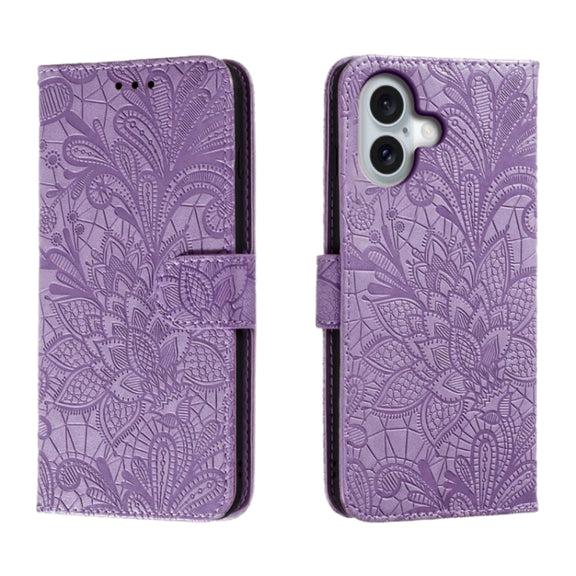 For iPhone 16 Lace Flower Embossing Flip Leather Phone Case(Purple)