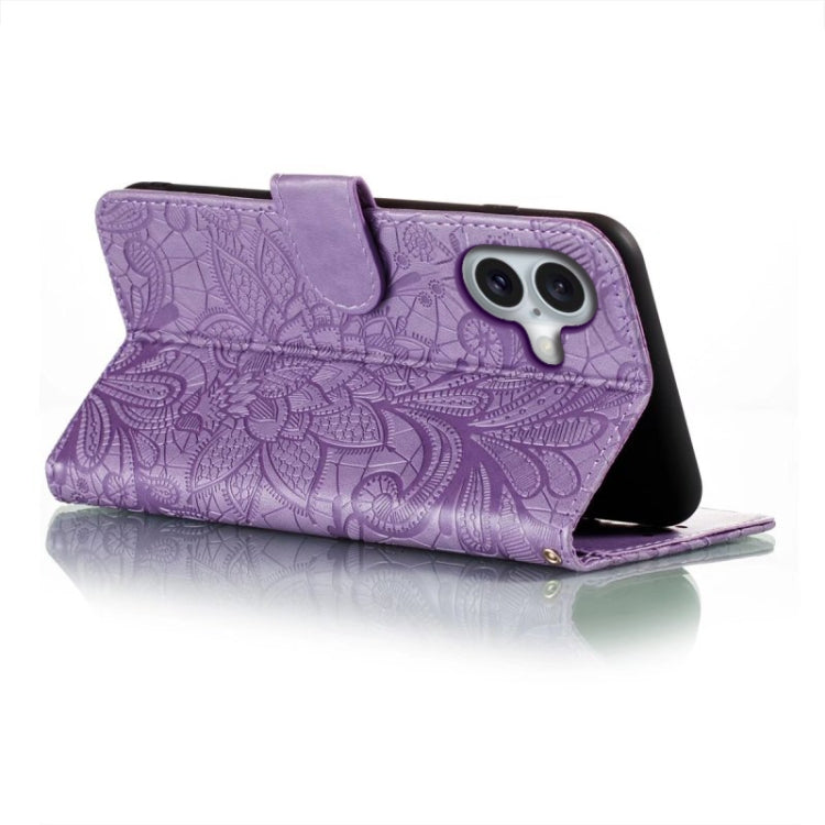 For iPhone 16 Lace Flower Embossing Flip Leather Phone Case(Purple)