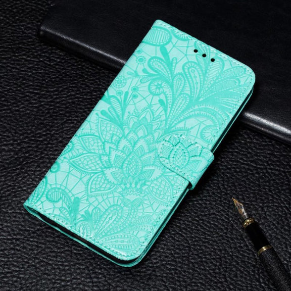 For iPhone 16 Plus Lace Flower Embossing Flip Leather Phone Case(Green)